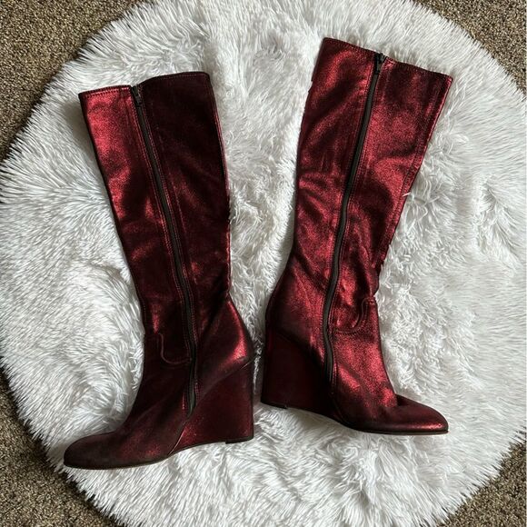 Nanette Lepore Sparkly Knee High Boots Wedge Red Womens Size 9 B FLAWED - Picture 2 of 14